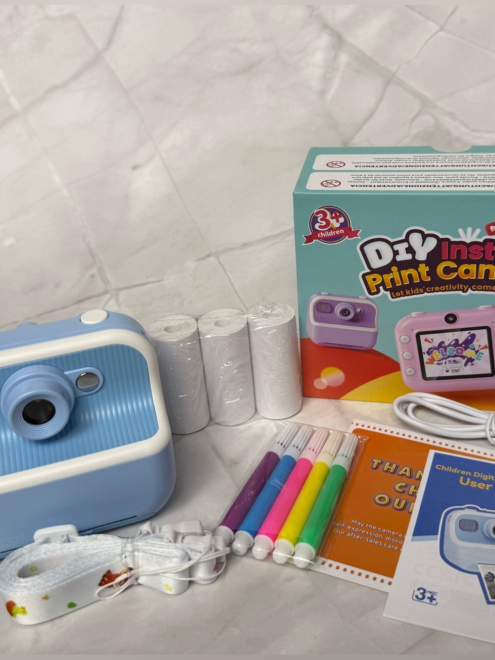 DIY Instant Print Camera for Kids Blue Thermal Camera Photo Video Gift